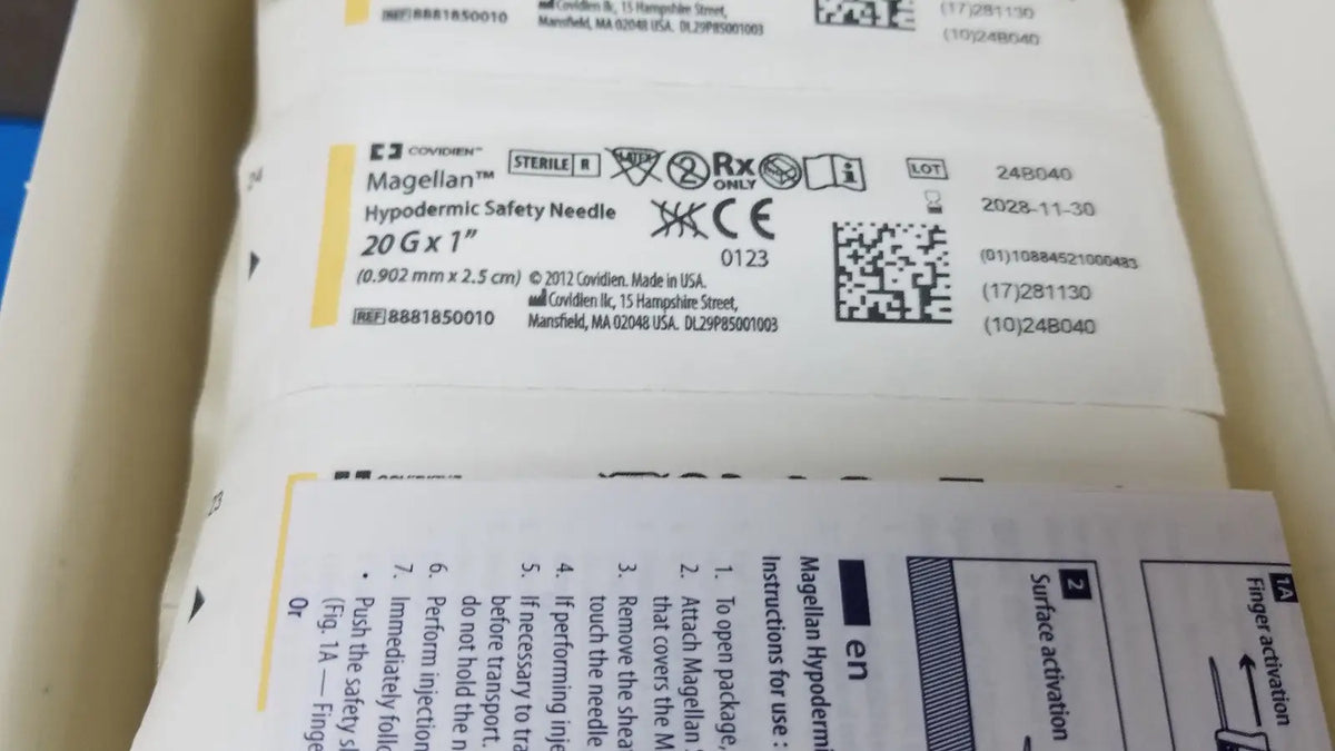 Covidien magellan hypodermic safety needle 20g x 1 inch sterile medical device with white and yellow packaging