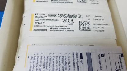 Covidien magellan hypodermic safety needle 20g x 1 inch sterile medical device with white and yellow packaging