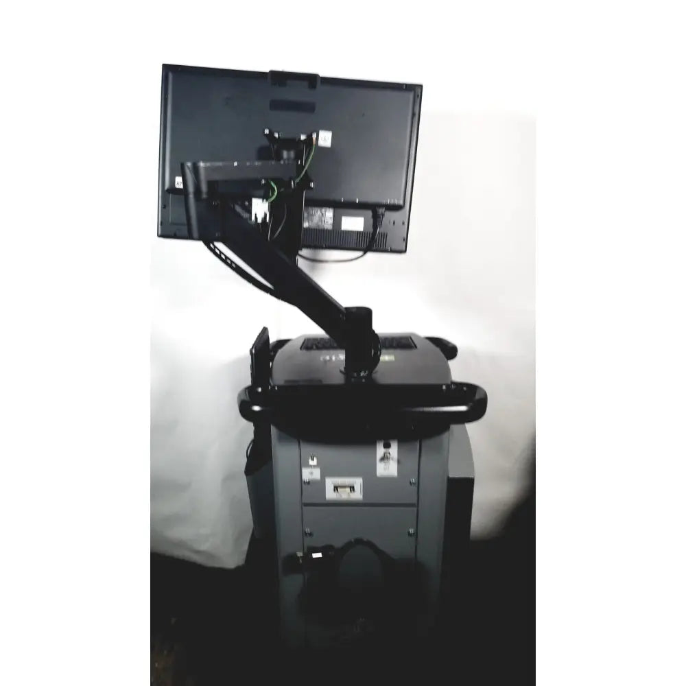 Black monitor mounted on a black articulated arm attached to a gray mobile cart of covidien super dimension logic navigation system