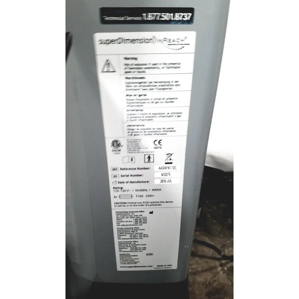 Back side of gray covidien super dimension covidien super dimension i logic in reach navigation system with label and serial number