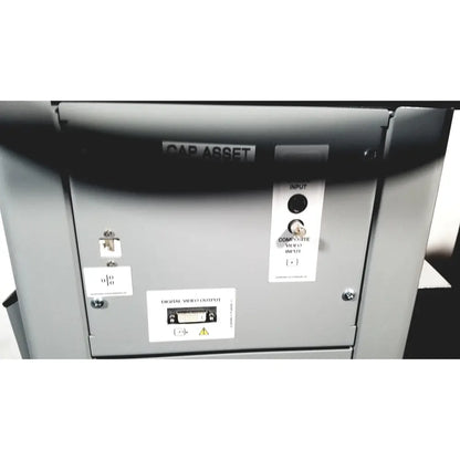 Gray metal covidien super dimension i logic in reach navigation system cabinet with labeled ports and black strap on top