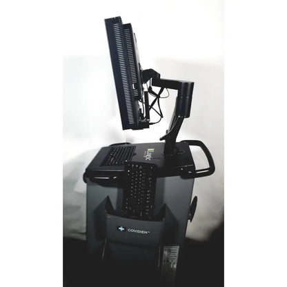 Black covidien super dimension dual-monitor medical workstation with adjustable arms and integrated keyboard tray