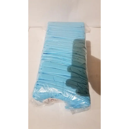A package of light blue disposable nitrile gloves next to a cpe isolation gown individually wrapped for universal fit