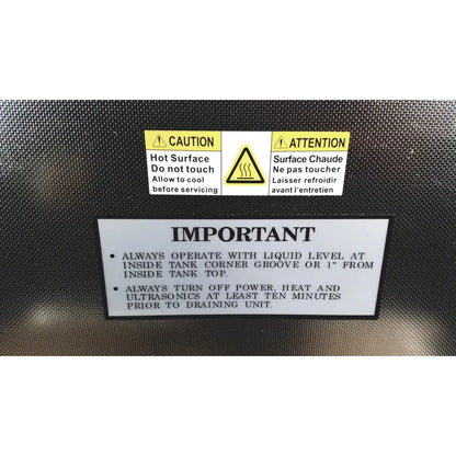 Black textured back surface of crest ultrasonic powersonic cleaner model p1100d with caution and warning labels in english and french