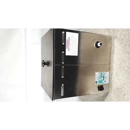 Stainless steel industrial-grade water heater with black accents and warning labels on crest ultrasonic powersonic cleaner model p1100d