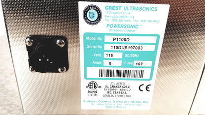 Silver metallic crest ultrasonic powersonic cleaner model p1100d with white label showing specifications