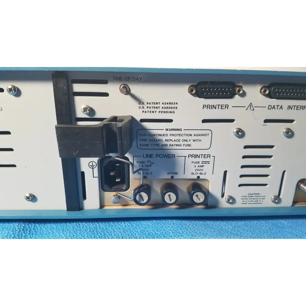 Black plastic power input panel with labeled fuse and printer ports on the back of critikon dinamap 1846 sx vital signs monitor