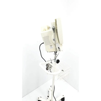 White medical monitor series poet plus mounted on wheeled cart with wire basket for plus vital signs patient monitoring