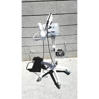 White cubescan biocon-700 bladder volume measurement system on wheeled stand with transducer and basket for volume measurement