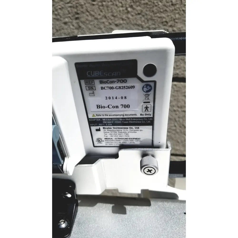 White plastic bio-con 700 medical ultrasound machine with silver screw detail for bladder volume measurement use