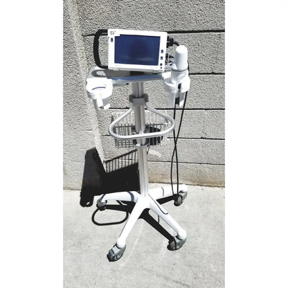 White medical imaging cart with mounted monitor and transducer for Cubescan Biocon-700 bladder volume measurement system