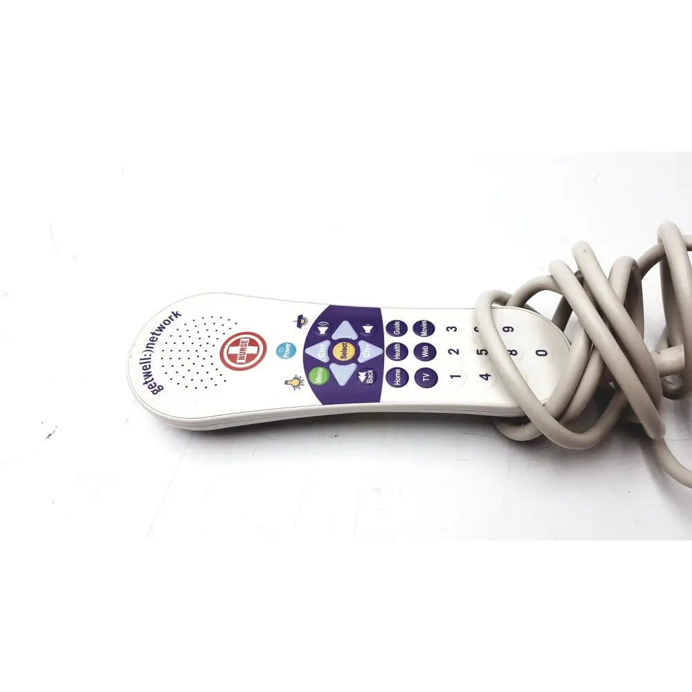 White plastic curbell getwell network nurse call remote with purple and blue buttons and circular speaker grille on left side