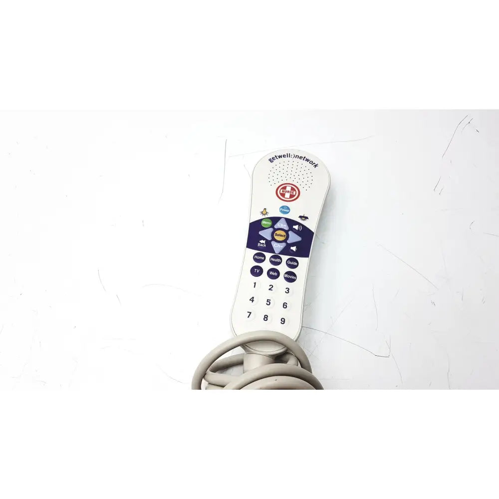 White plastic curbell getwell network nurse call remote with blue gray keypad featuring getwell network logo