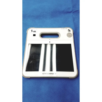 White cybernet medrx-2893 scanning tablet computer handheld x-ray machine with rectangular screen displaying white stripes