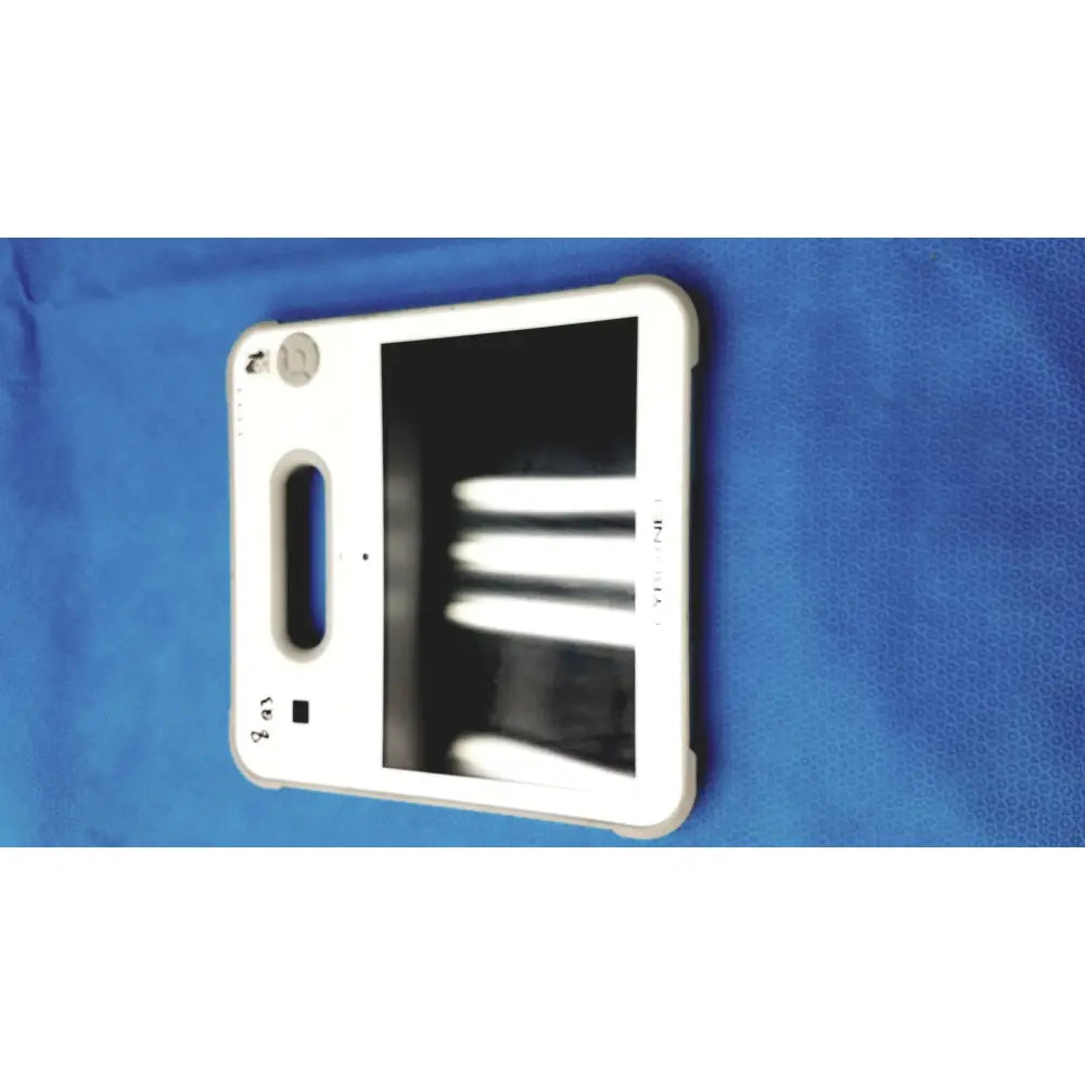 White protective case with built-in handle and camera cutouts for the Cybernet MEDRX-2893 scanning tablet computer back side