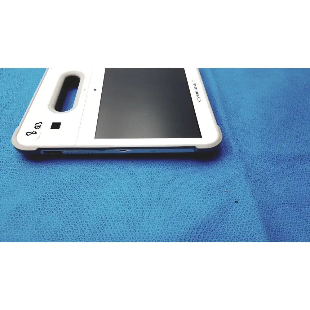 White rugged scanning tablet computer with black screen and cyberpad 1 branding on side for medical use