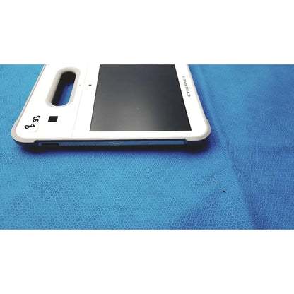 White rugged scanning tablet computer with black screen and cyberpad 1 branding on side for medical use