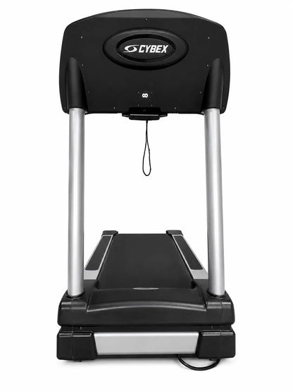 Black and silver cybex 445t commercial treadmill with sleek modern design for professional gym use