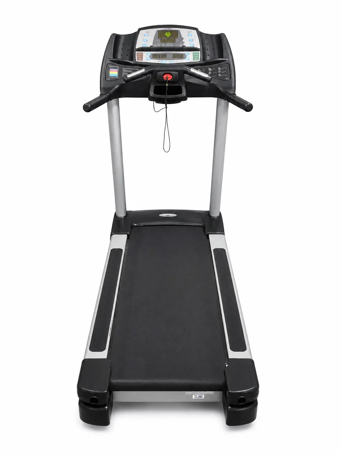 Black and silver cybex 445t commercial treadmill with digital display panel, ergonomic handles, and textured side grips