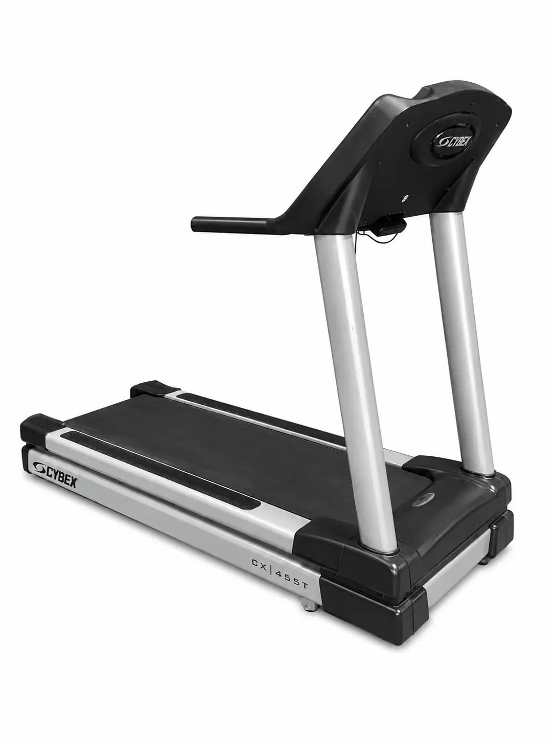 Black and silver cybex 445t commercial treadmill with sleek modern design for professional gym use