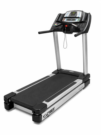 Black and silver cybex 445t commercial treadmill with a digital display panel for professional fitness use