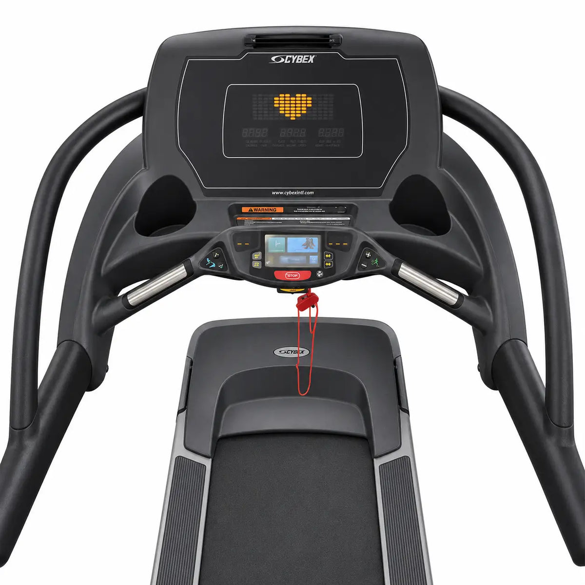 Black cybex 770t commercial treadmill with digital display heart icon control panel red emergency stop button silver handrails
