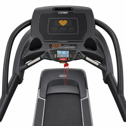 Black cybex 770t commercial treadmill with digital display heart icon control panel red emergency stop button silver handrails