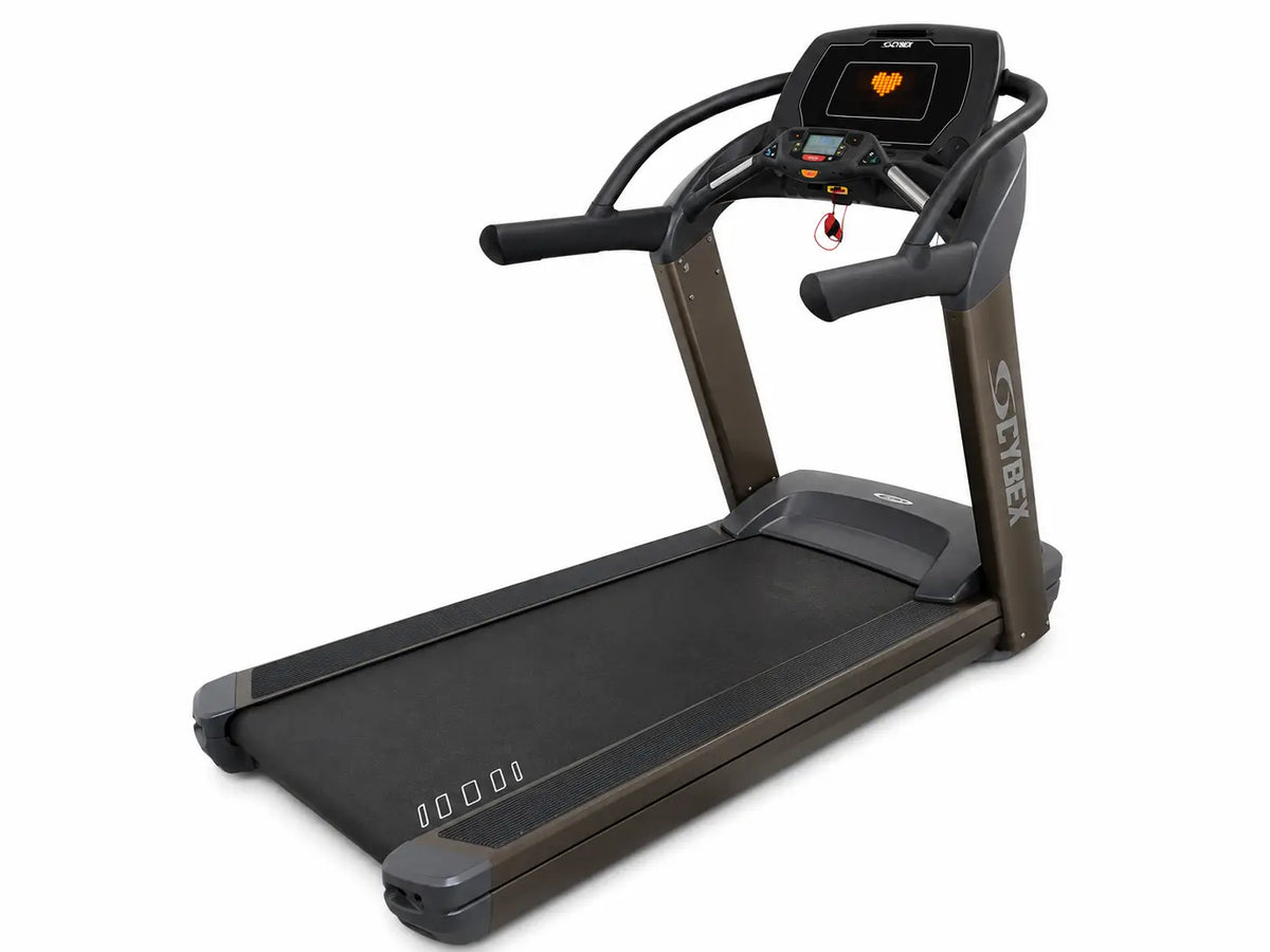Black and gray cybex 770t commercial treadmill with digital display showing heart rate monitor icon