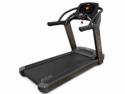Black and gray cybex 770t commercial treadmill with digital display showing heart rate monitor icon