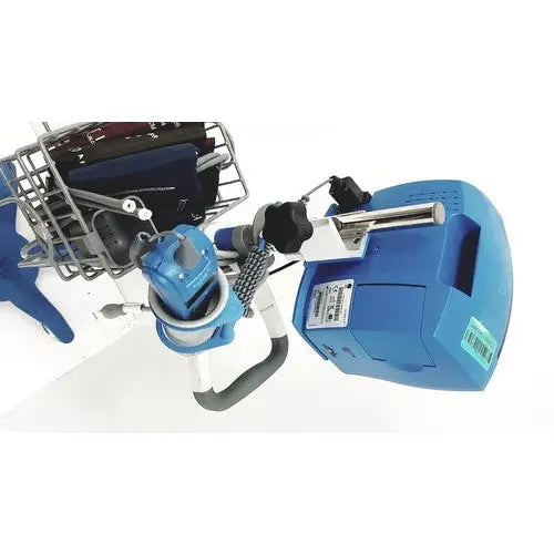 Blue robotic arm with metallic joints and white base holding folded clothes basket for cynergy cynosure dermatology laser