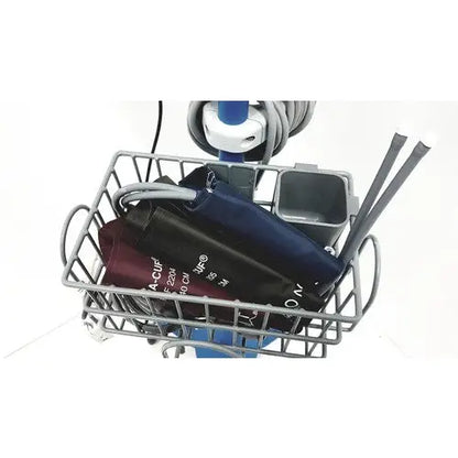 Blue and maroon blood pressure cuffs with white labels in a metal basket for cynergy cynosure dermatology laser use