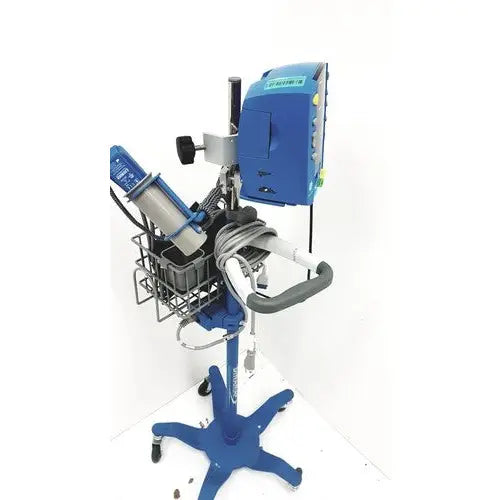Blue medical dental handpiece stand with adjustable arm and storage basket for cynergy cynosure dermatology laser