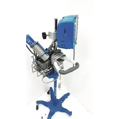 Blue medical dental handpiece stand with adjustable arm and storage basket for cynergy cynosure dermatology laser