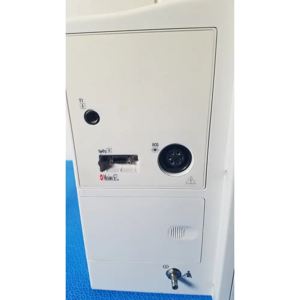 White datascope passport 2 ecg nibp ekg patient monitor panel with labeled spo2 and ecg ports and red medtronic logo