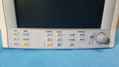 White datascope passport 2 ecg nibp ekg patient monitor with black screen and gray control panel featuring labeled buttons