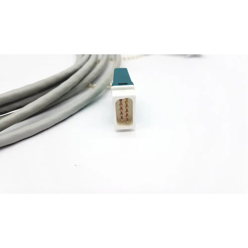 Gray medical-grade datex ohmeda network cable with white and teal connector housing and gold-plated pins 10ft length