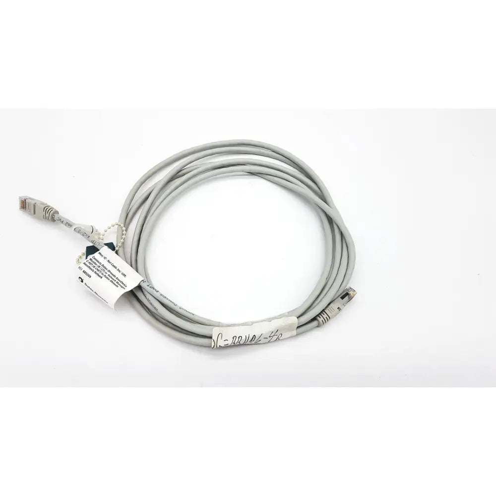 Gray Datex Ohmeda network cable with two RJ45 connectors and white label in 10ft length for reliable connectivity