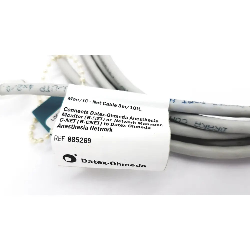 Gray and black coiled datex ohmeda network cable g-bbha6-4t with white label for medical monitor 10ft length