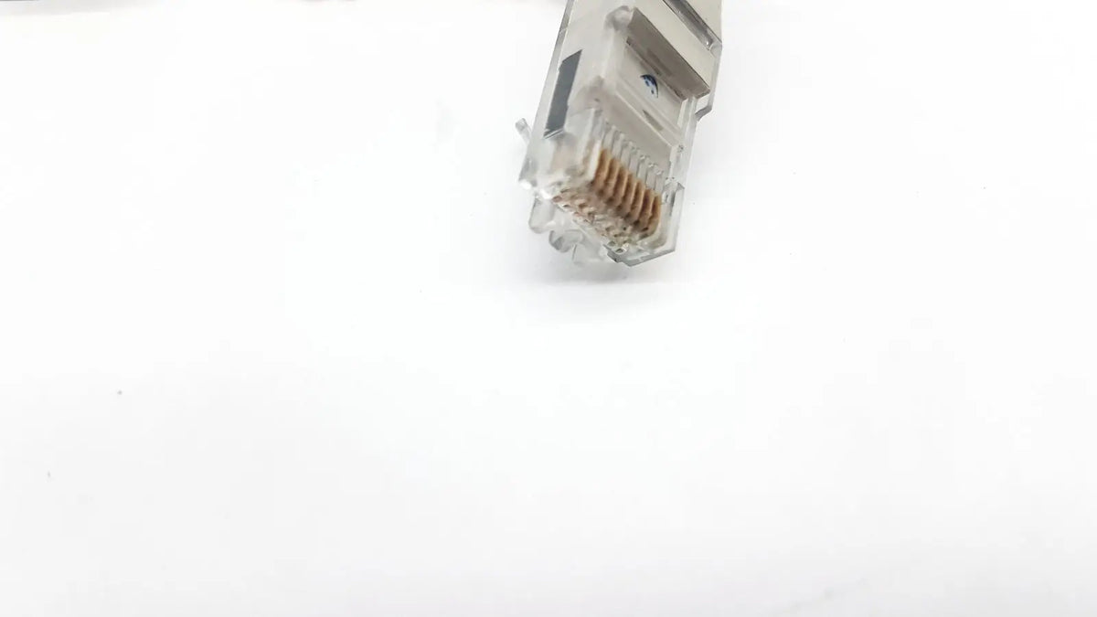 Clear plastic rj45 ethernet connector with metallic contacts on gray housing for Datex Ohmeda 10ft network cable g-bbha6-4t