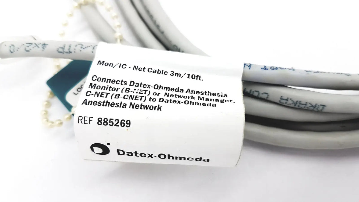 Gray and black coiled datex ohmeda network cable g-bbha6-4t with white label for medical monitor 10ft length