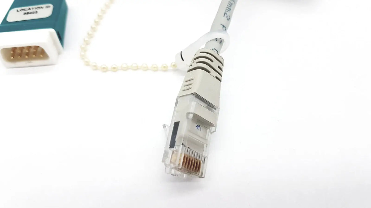 Gray network cable datex ohmeda 885269 with clear connector metallic contacts and white pearl chain 10ft length g-bbha6-4t