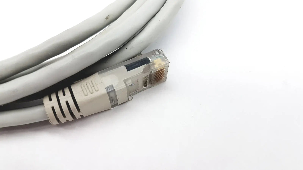 Gray Datex Ohmeda network cable with clear connector and black strain relief 10ft length G-BBHA6-4T model
