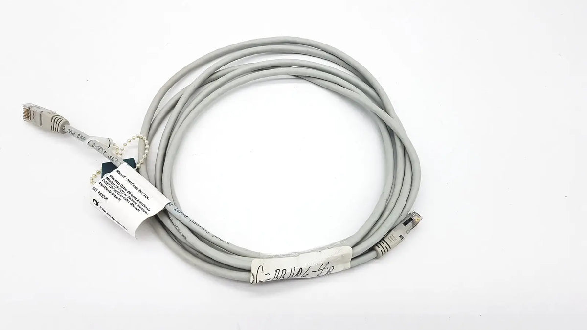 Gray Datex Ohmeda network cable with two RJ45 connectors and white label in 10ft length for reliable connectivity