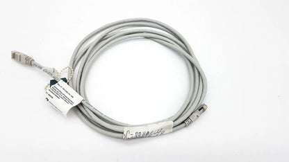 Gray Datex Ohmeda network cable with two RJ45 connectors and white label in 10ft length for reliable connectivity