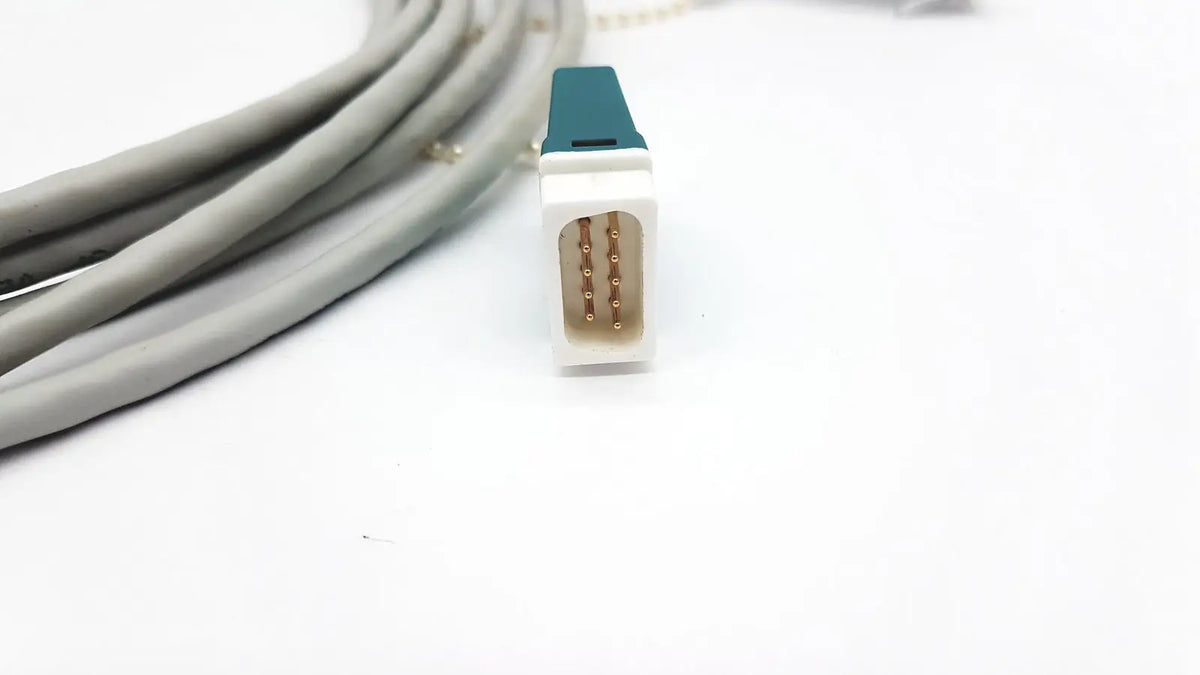 Gray medical-grade datex ohmeda network cable with white and teal connector housing and gold-plated pins 10ft length