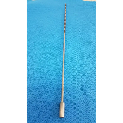 A slender metallic surgical drill bit with polished silver finish and black and white stripes from geck surgical instrument model 8381-01 for reuse medical use