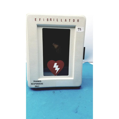 White wall-mounted defibrillator storage cabinet with clear window and red heart lightning bolt icon cabinet wall mount