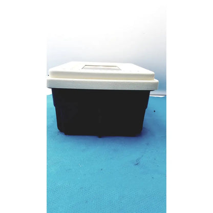 Black and white plastic defibrillator storage cabinet wall mount with rectangular transparent window on the lid