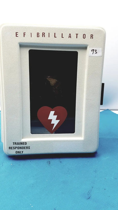 White wall-mounted defibrillator storage cabinet with clear window and red heart lightning bolt icon cabinet wall mount