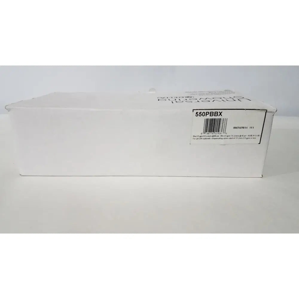 White rectangular cardboard box showing the back side of delta 550pbbx h2okinetic raincan shower head polished brass packaging